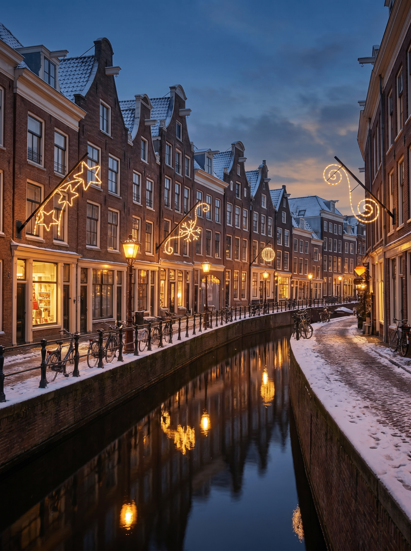 Amsterdamse gracht met Twinkle Pole kerstverlichting aan de gevels